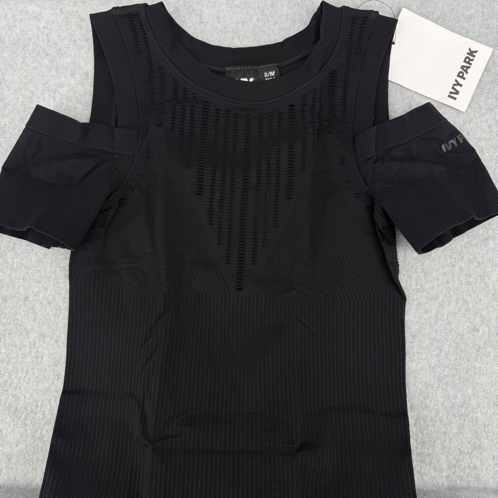 Ivy Park Womens Black Seamless Cold Shoulder Ribbed Perforated Top S/M 29D05PBLK